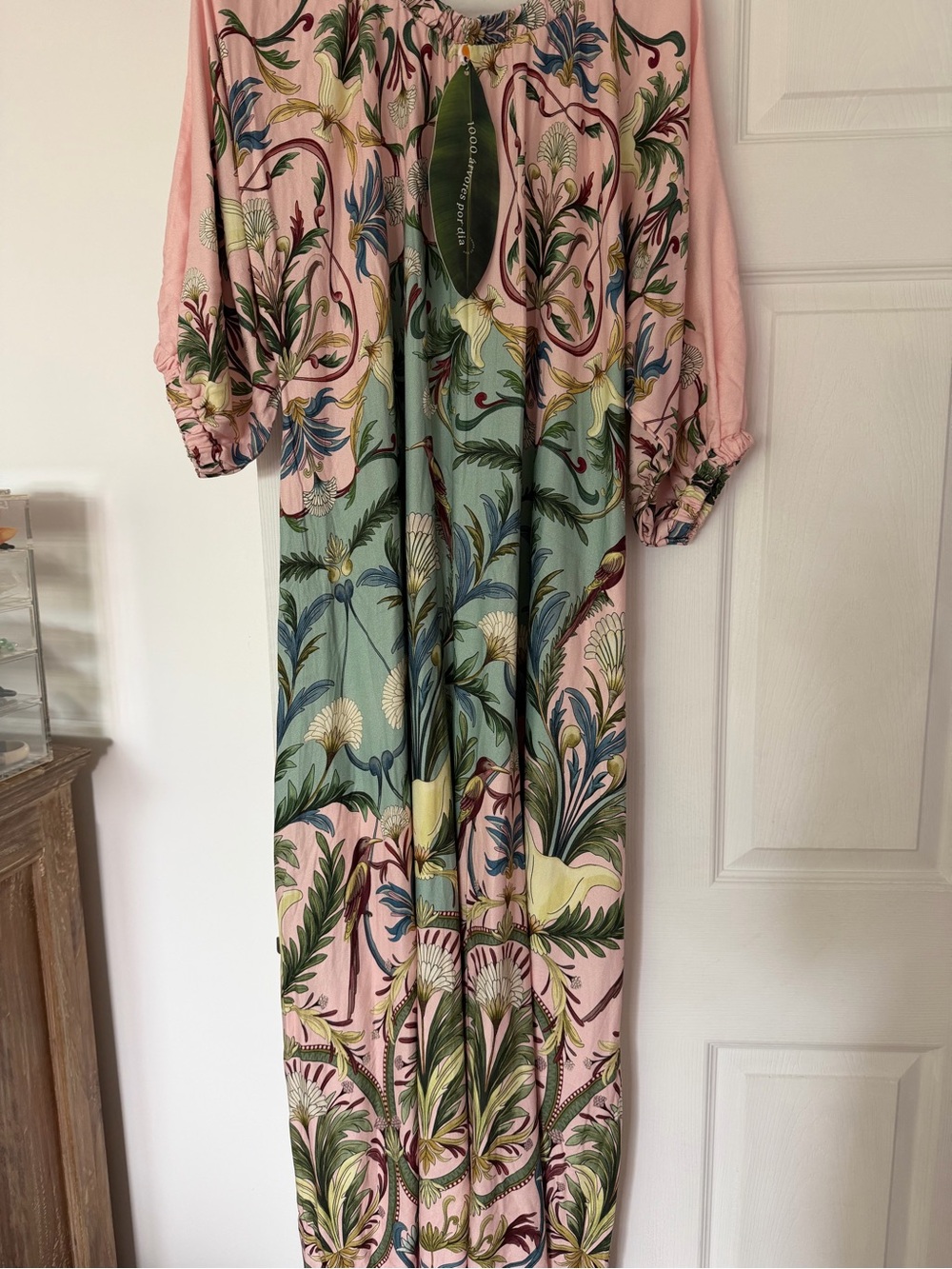 FARM Rio Pink & Sage Green Botanical Maxi Dress
